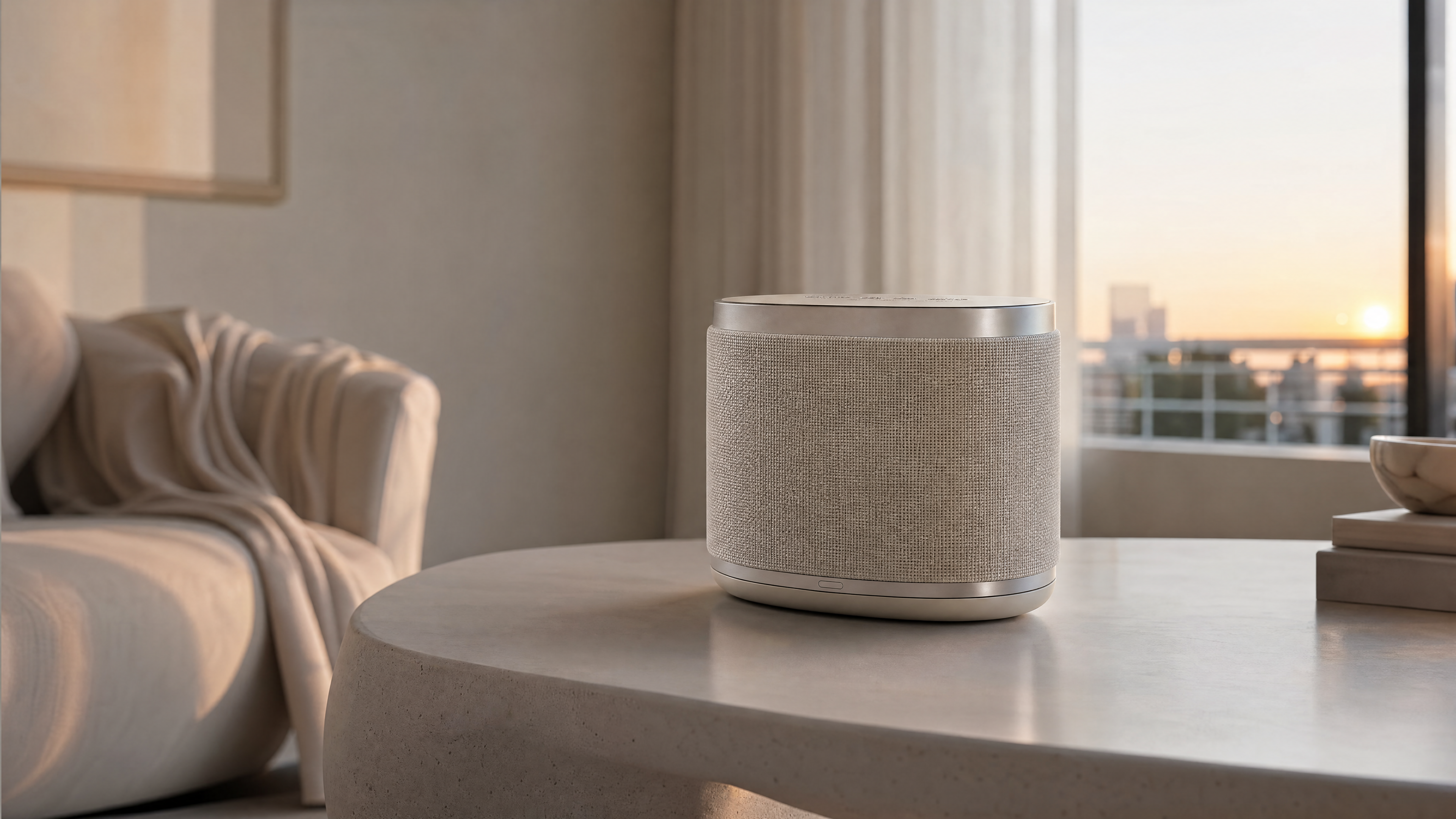 Premium product film prompt: minimalist speaker at dawn